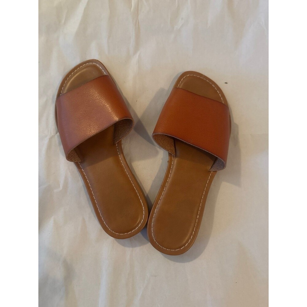 Women's Brown Faux Leather Slide Sandals